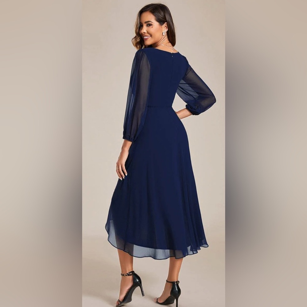 Ever Pretty Navy Blue High Low Dress sheer sleeve Size 12 - NWT - Picture 2 of 7